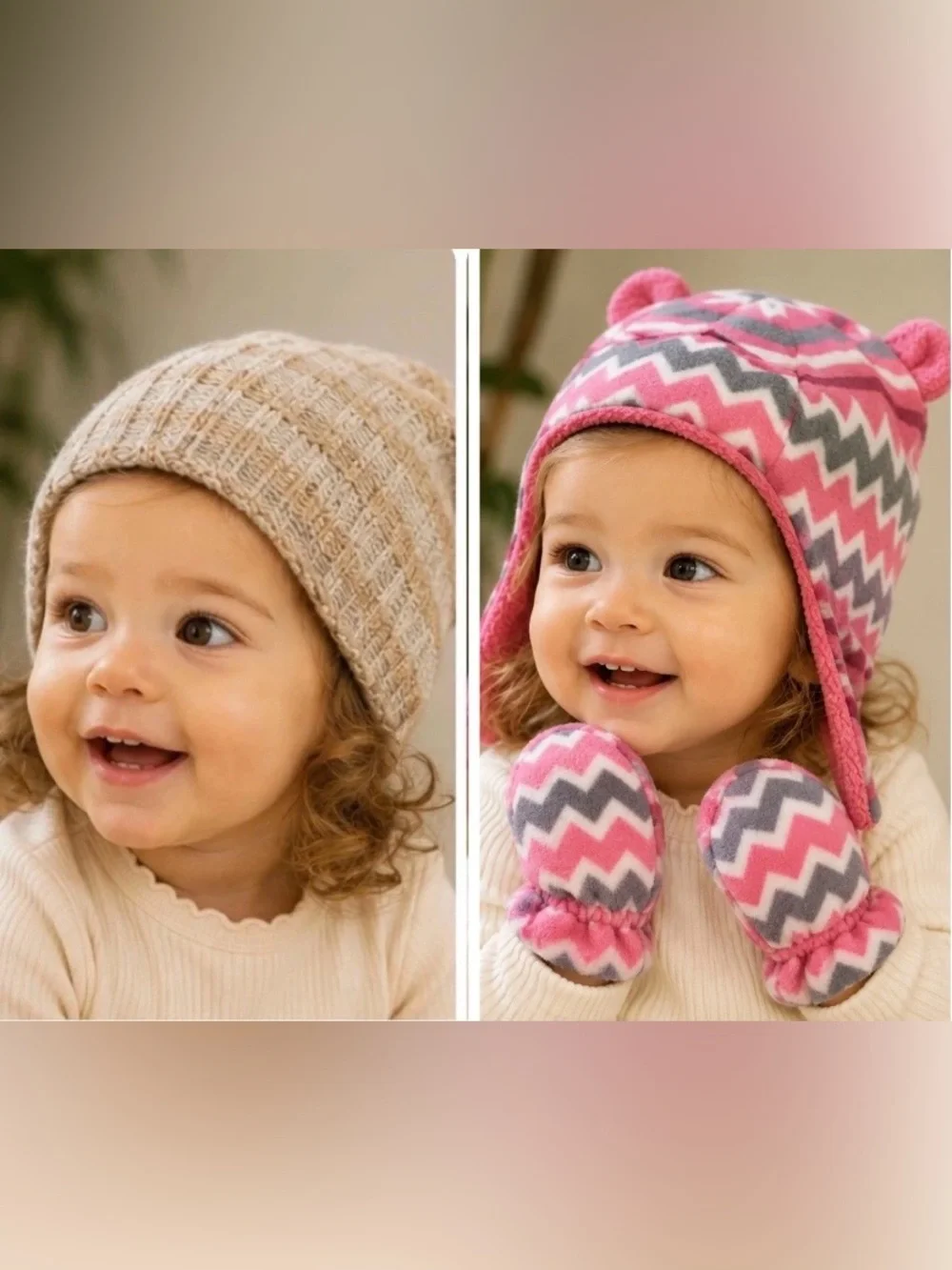 Fleece Knit Winter Beanie Hats & Mitten Baby Toddler Girls Pink & Cream Chevron